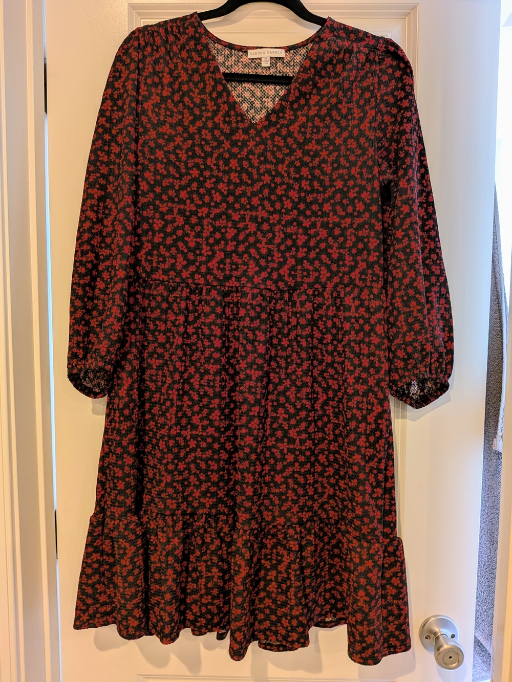 Sandra Darren Black Dress with Red Floral Print - V-Neck Long Sleeve